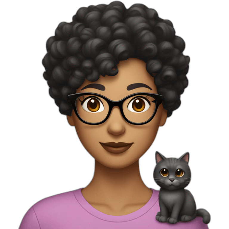 A curly woman with black hair and glasses, a big nose, eyebrows close to the eyes and a small sweet spot under the lips on the left side holds a gray cat emoji