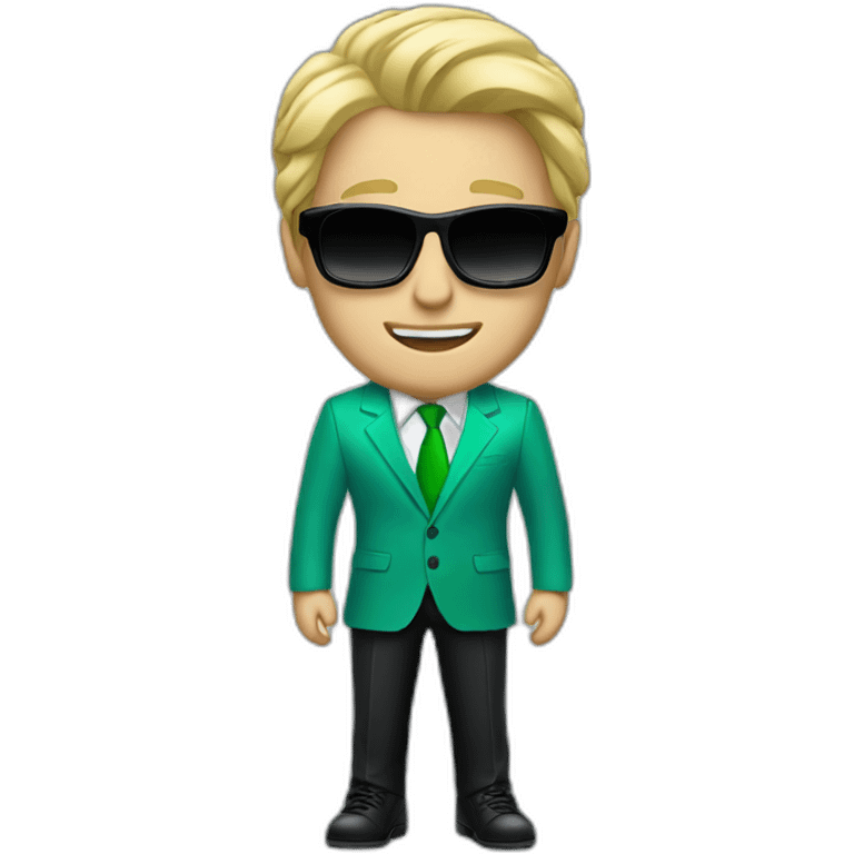 white guy in gradient green blue suit with blonde hair and black sunglasses standing with black shoes emoji