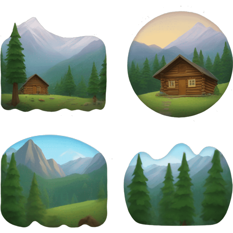 A forrest with a cabin and mountains emoji