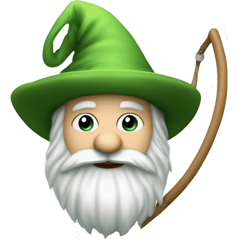 a green gnome with a white beard a green hat and a landing net in the left hand emoji