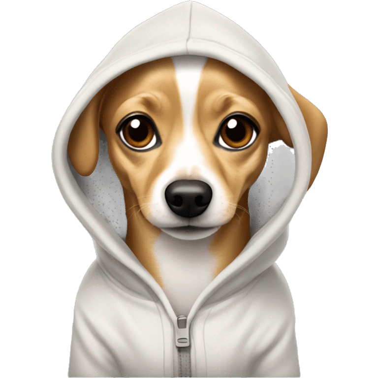 white and tan Chiweenie wearing a hoodie emoji