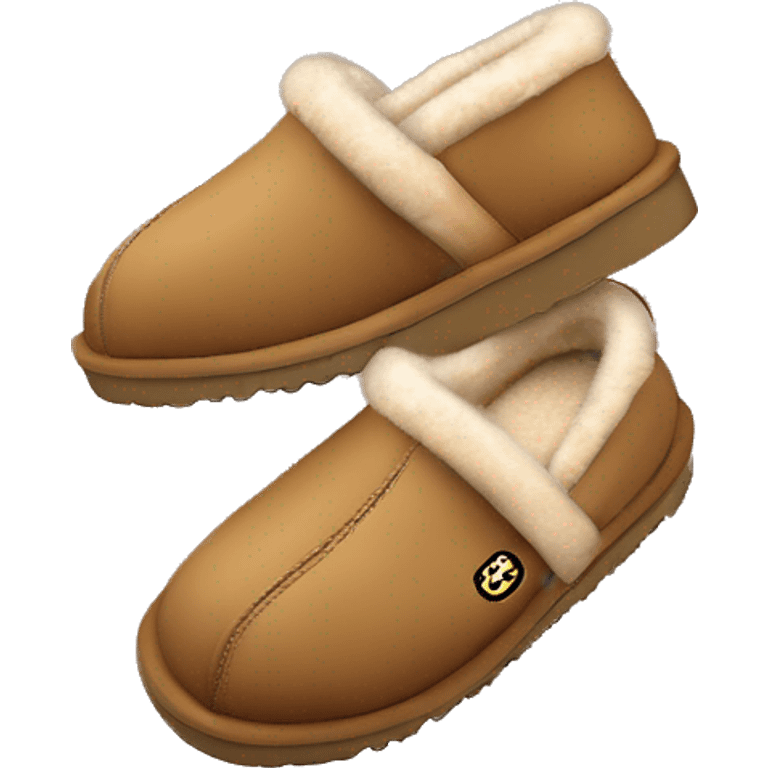 Ugg Camel slip-on slippers. A very thin red zig-zag line only encircling the top cuff, and a chunky thick platform sole. “UGG” emoji