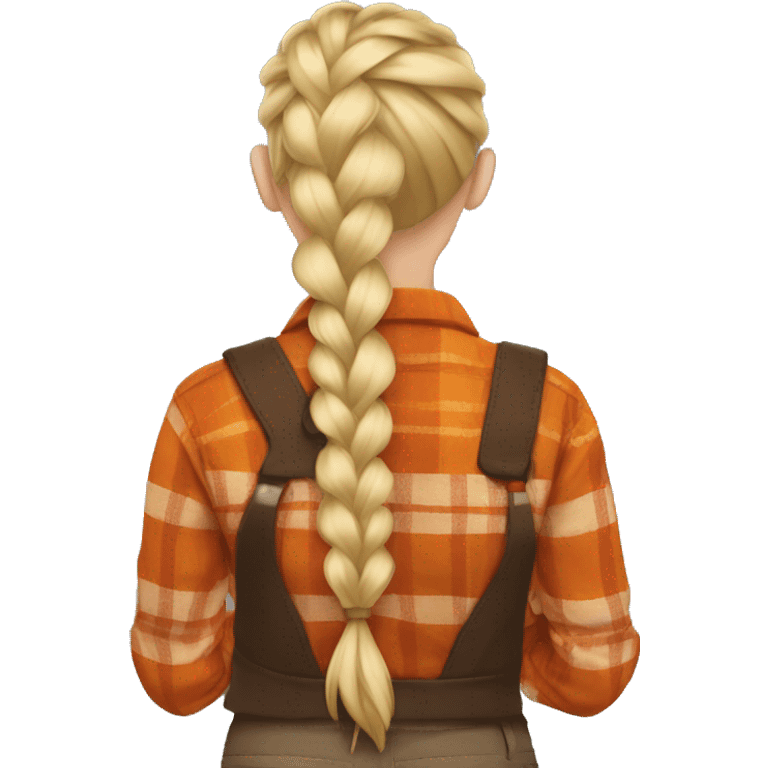 Woman with her back turned with blonde hair braided wearing a brown and orange flannel emoji