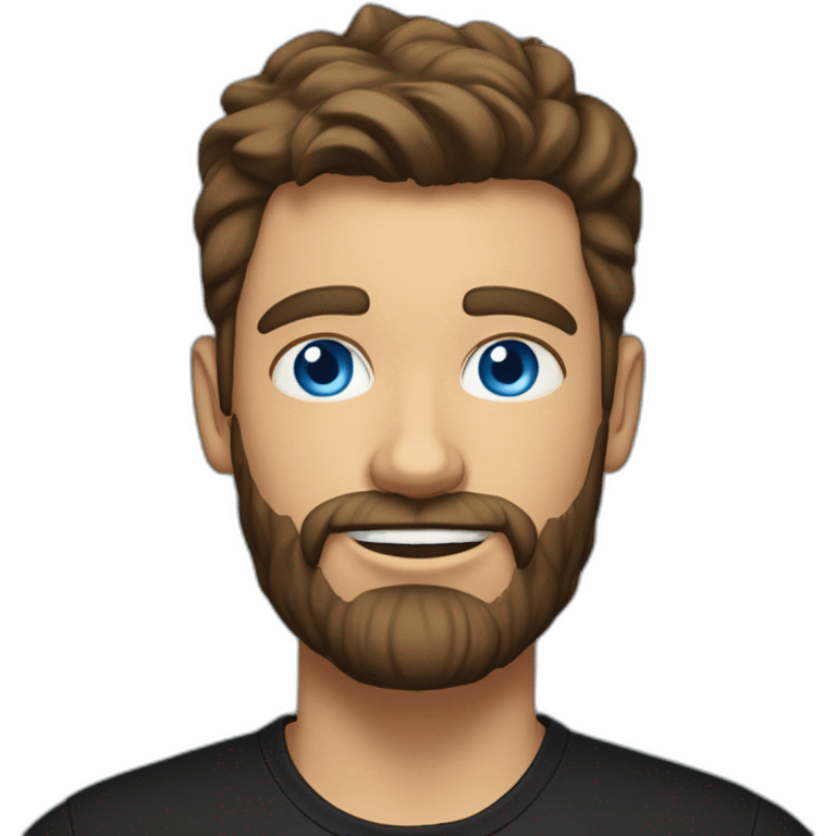 White man with a sun kissed tan and blue eyes. His hair is dark brown, styled sideways backwards. He has a beard and mustache trimmed. Wears s black t-shirt. emoji