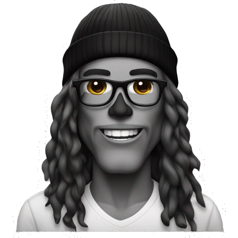 SKULL, long hair black ,beanie blackwith eyeglass emoji