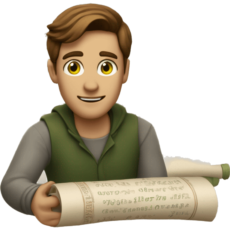 a light-skinned green-eyed man with brown hair sitting in front of the paper scroll  emoji