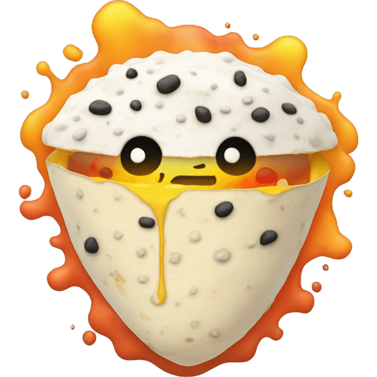 white tapioca tortilla folded in half, filled with multicolored goo in front of a nuclear blast emoji