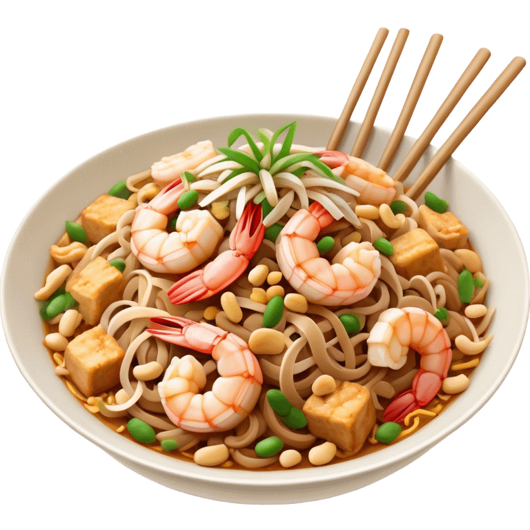 Cinematic Realistic Pad Thai Dish Emoji, depicted as stir-fried rice noodles with shrimp, tofu, peanuts, and bean sprouts rendered with vibrant textures and dynamic, appetizing lighting. emoji