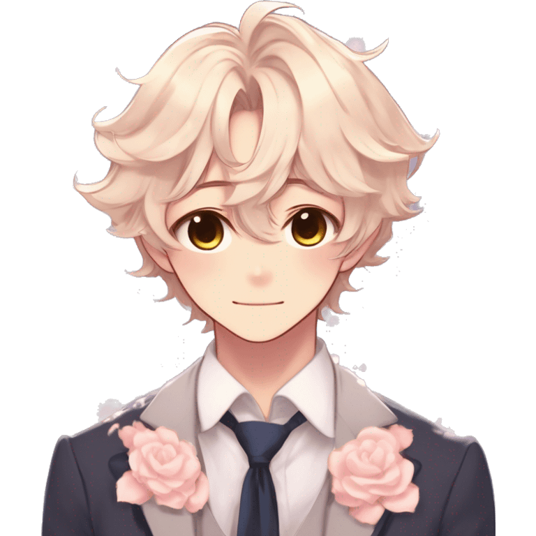 Gorgeous romantic hot attractive anime style formal modern gentlemanly anime shojo guy with pretty hair and flower petals and blushing face aesthetic trending style  pastelcore cottagecore kawaiicore emoji