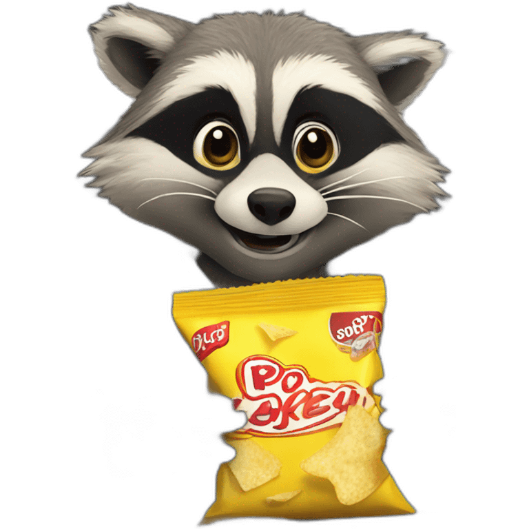 Raccoon on the back seat of a car with its safety belt eating a packet of crisps emoji