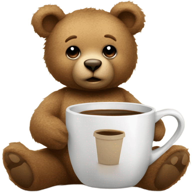 Teddy bear wearing pajamas with a coffee cup emoji