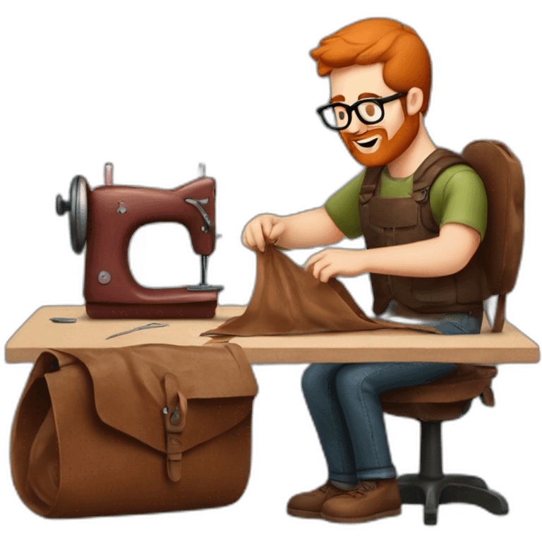 Red smooth haired man with beard and glasses sewing a leather bag by hand emoji