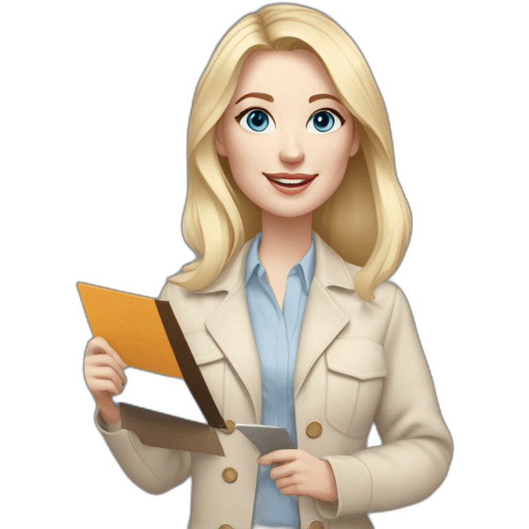 pale skin woman interior designer with cold blonde middle length hair, blue eyes, beige blouse, White oversize jacket, Gray skirt holding a color palette in the hands emoji