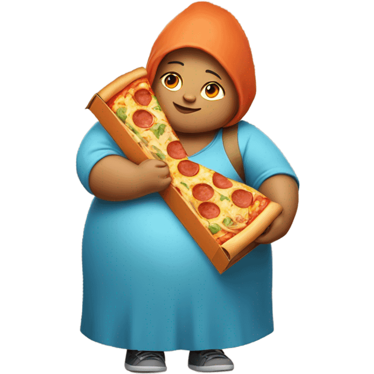 A obese woman wearing fox ears holding a pizza box in her arms emoji