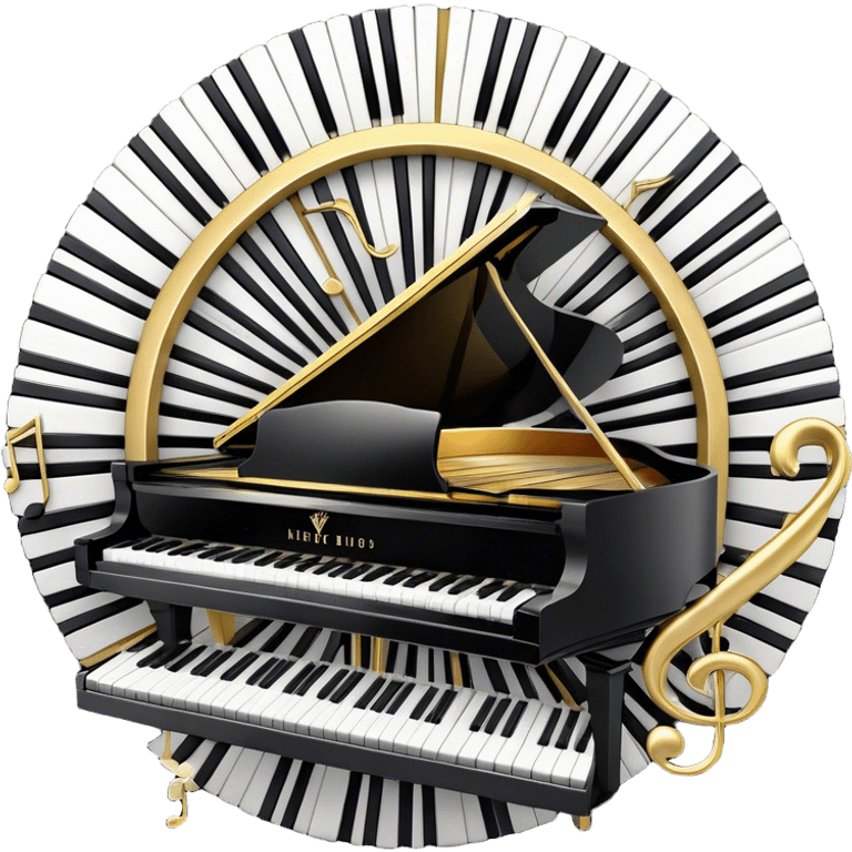 Create an elegant and festive emoji collage representing keyboard instruments, styled like a heraldic emblem. The design should feature a central focal point of black and white piano keys, arranged in a semi-circular or shield-like shape. Around the piano keys, add intertwining musical notes that form flowing ribbons, creating a dynamic and celebratory atmosphere. The design should be professional, with polished silver and gold accents on the keys and notes, highlighting the luxury and sophistication of the instruments. Add subtle shading and lighting effects to give the design a refined, 3D appearance. The background should remain transparent, and the overall feel should evoke grandeur, artistry, and a sense of celebration. emoji