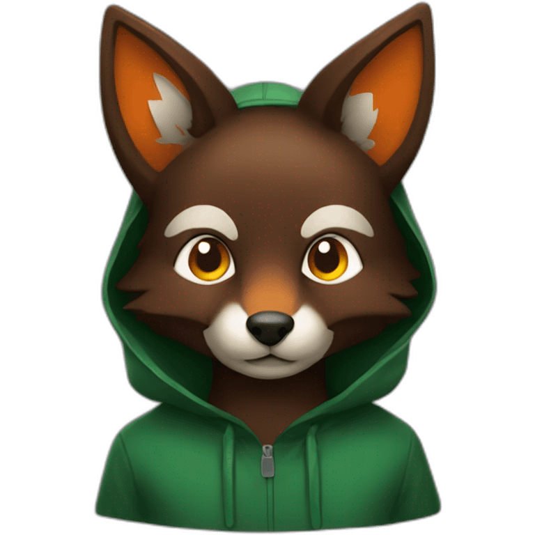 a small dark brown fox with orange eyes with a dark green hood that smile emoji