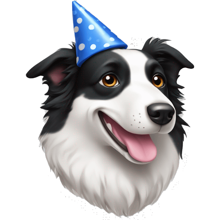 A black and white Border Collie with black spots wearing a party hat.   emoji