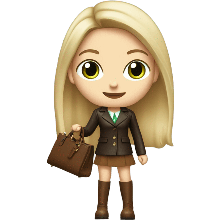 Realistic White woman with Long straight blonde hair and green eyes, dark Brown oversize leather blazer, mini skirt and Brown heeled leather boots, holding handbag emoji