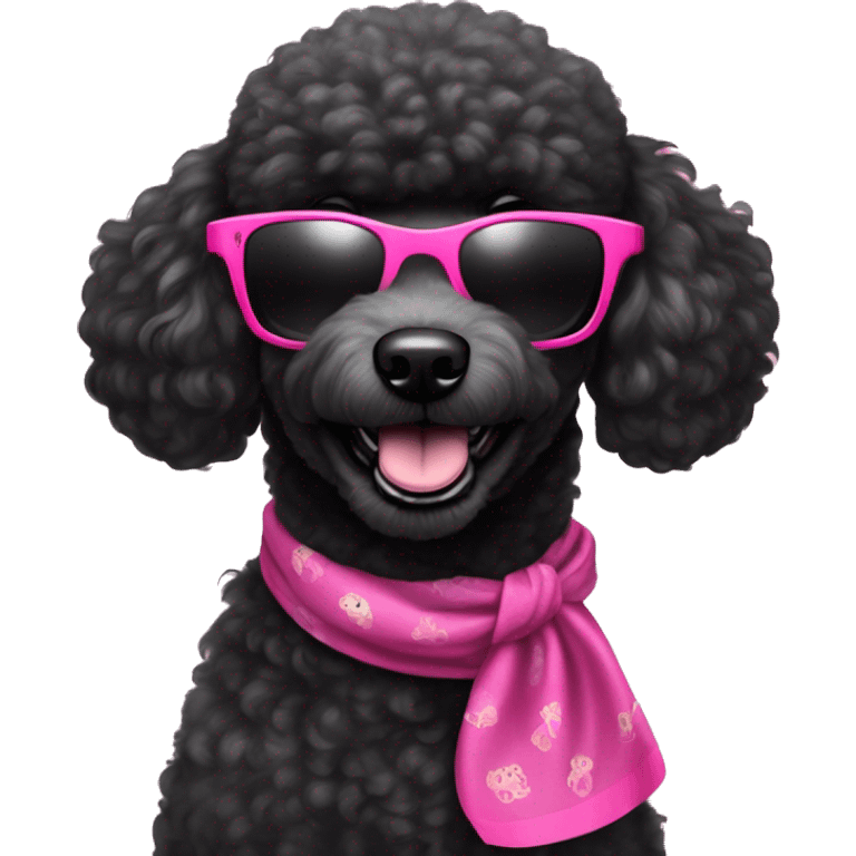 BLACK poodle wearing pink sunglasses with a big smile. Also with a bandanna around its neck. Dog needs to be all black emoji