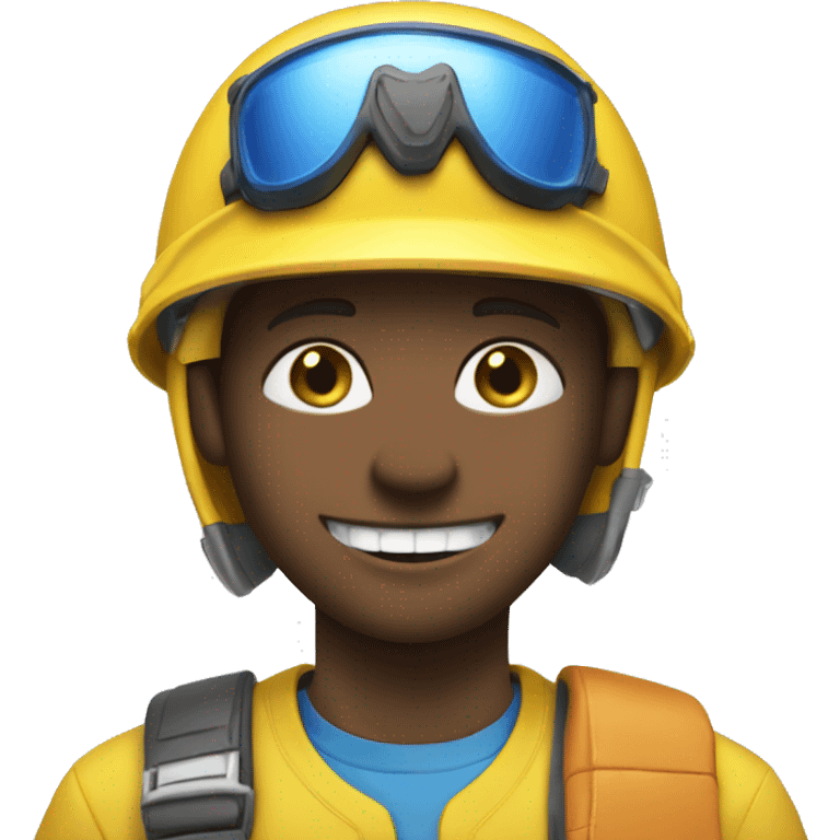 Boy with buck teeth, a blue helmet, blue eyes, a pencil in his nose, and a yellow shirt that say Jeffy emoji