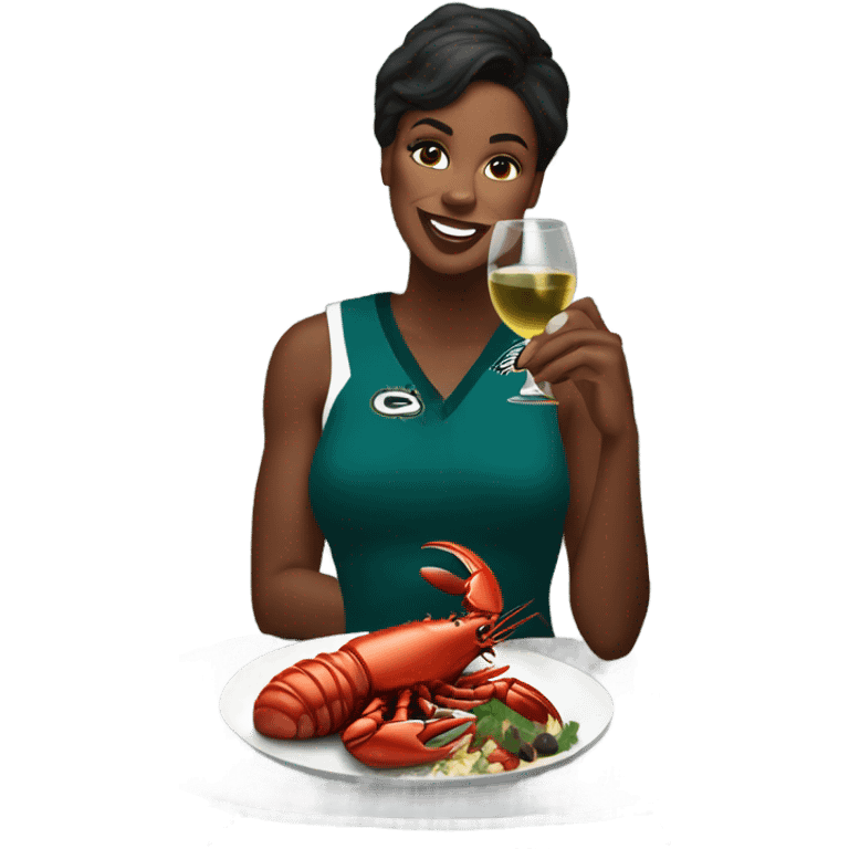 Black woman eating steak and lobster and wine wearing an eagles jersey  emoji