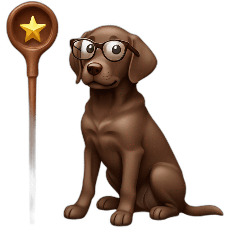 Labrador Retriver chocolate color whit a magic wand and glasses emoji