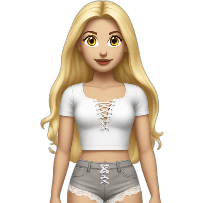 hyperrealistic caucasian female, long straight blonde hair, white lace up crop top, grey mini skirt, body view emoji