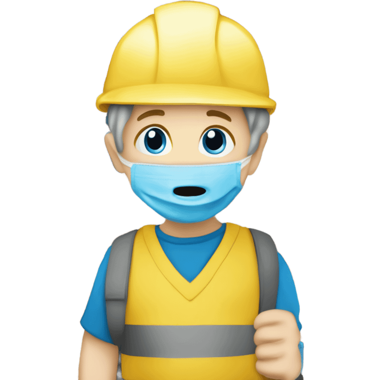 White kid with blue helmet with pencil up his nose Wheiring ￼a yellow shirt blue pants and a diaper on the outside ￼ emoji