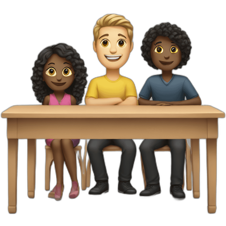 a desk with 3 people sitting behind it, different races and hair styles emoji