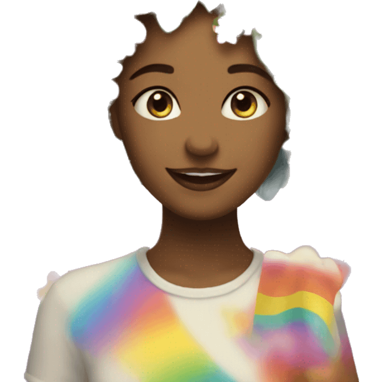 a woman with hearts and rainbows and flowers so happy on her head emoji