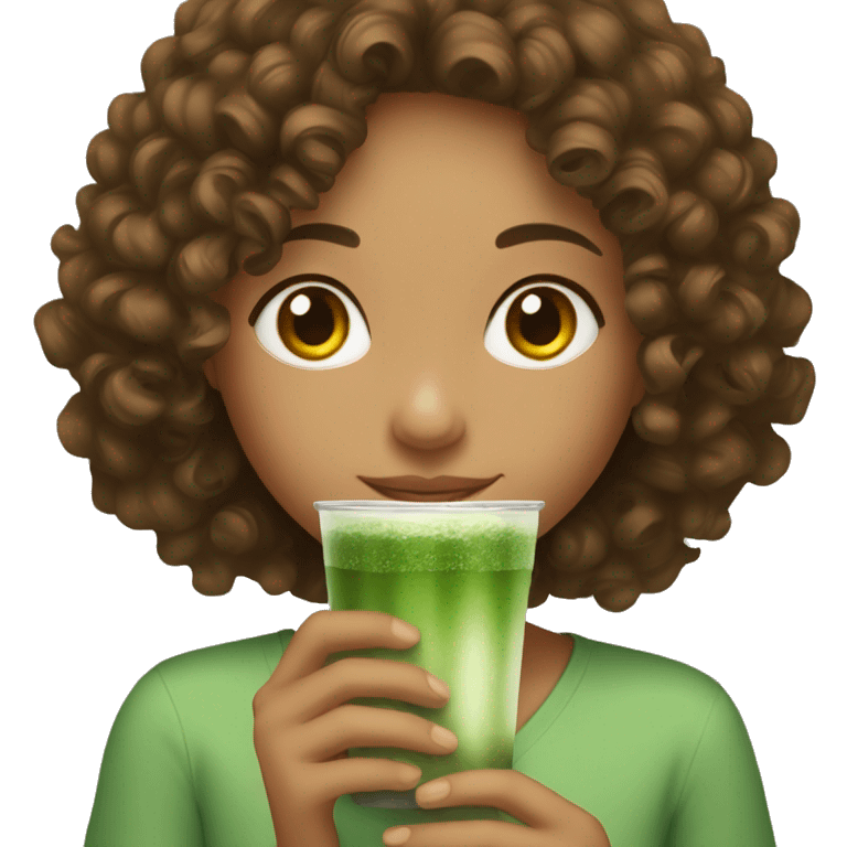 A brown curly haired girl who’s drink matcha  emoji