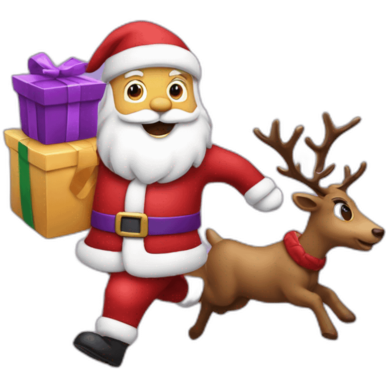 Santa Claus dressed in purple running with the reindeer to deliver the presents emoji