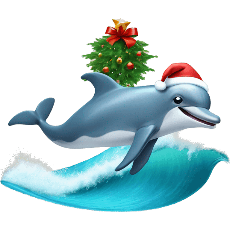 Dolphin riding a wave holding a Christmas tree emoji