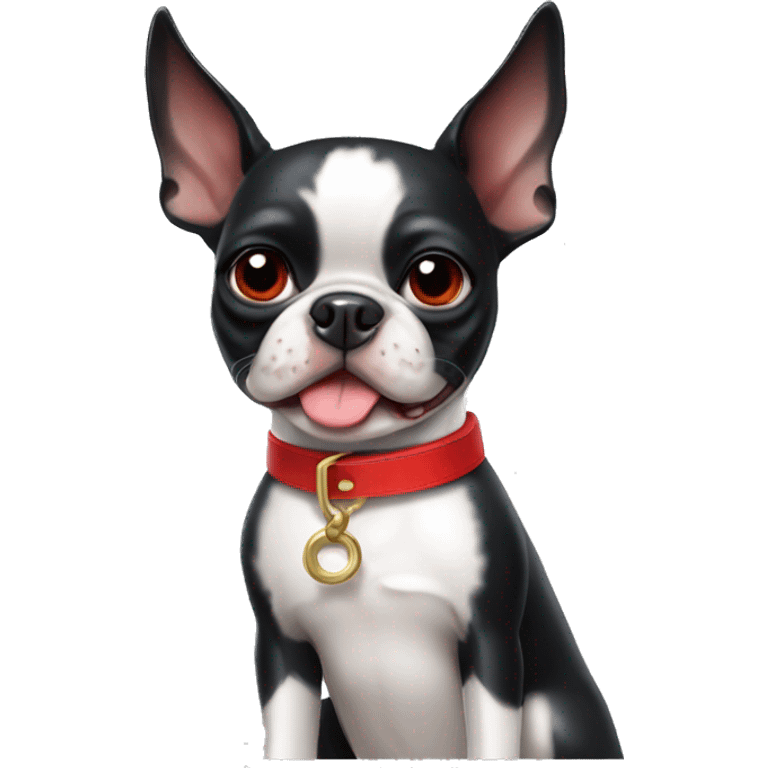 boston terrier wearing red collar giving thumbs up emoji