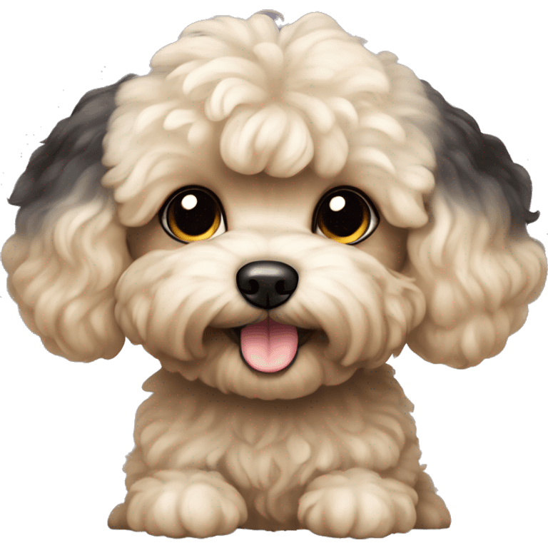 a small dog of the Maltipoo breed, it has large hanging ears, it is mainly black with a touch of beige emoji