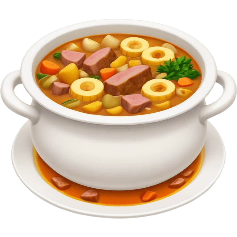 Cinematic Realistic Sancocho Soup Dish Emoji, featuring a rich, hearty stew with diverse meats and vegetables rendered with lifelike detail and warm, comforting lighting. emoji