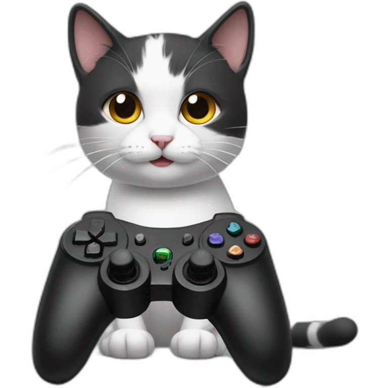 Very cute smiling cat holding one small black ps controller and playing video games emoji