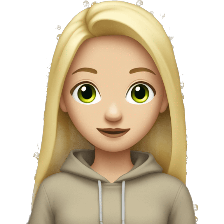 teen girl with green eyes and long blonde hair wearing a beige sweatshirt and black leggings full body emoji