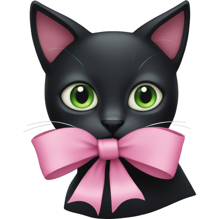 black cat with white markings, green eyes, long eyelashes. with a big pink bow  emoji