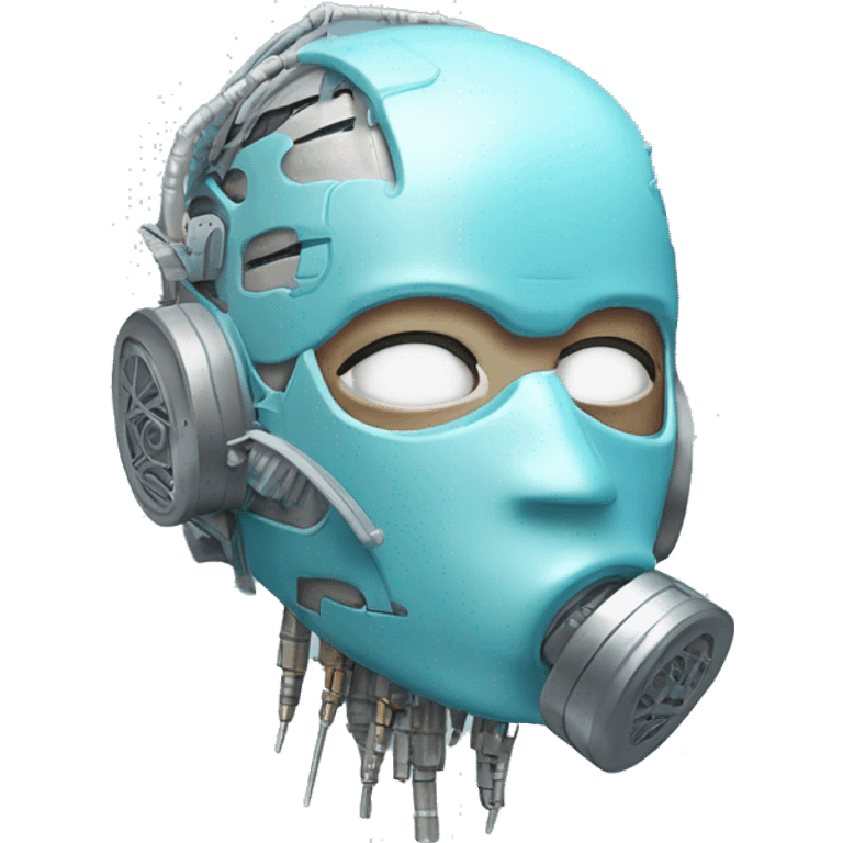 Pastel blue haired cyborg head with silver respirator mask and circuits emoji