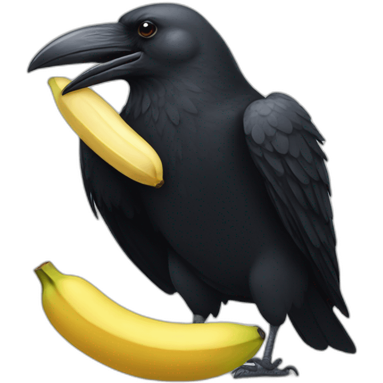 crow eating a banana like a cartoon emoji