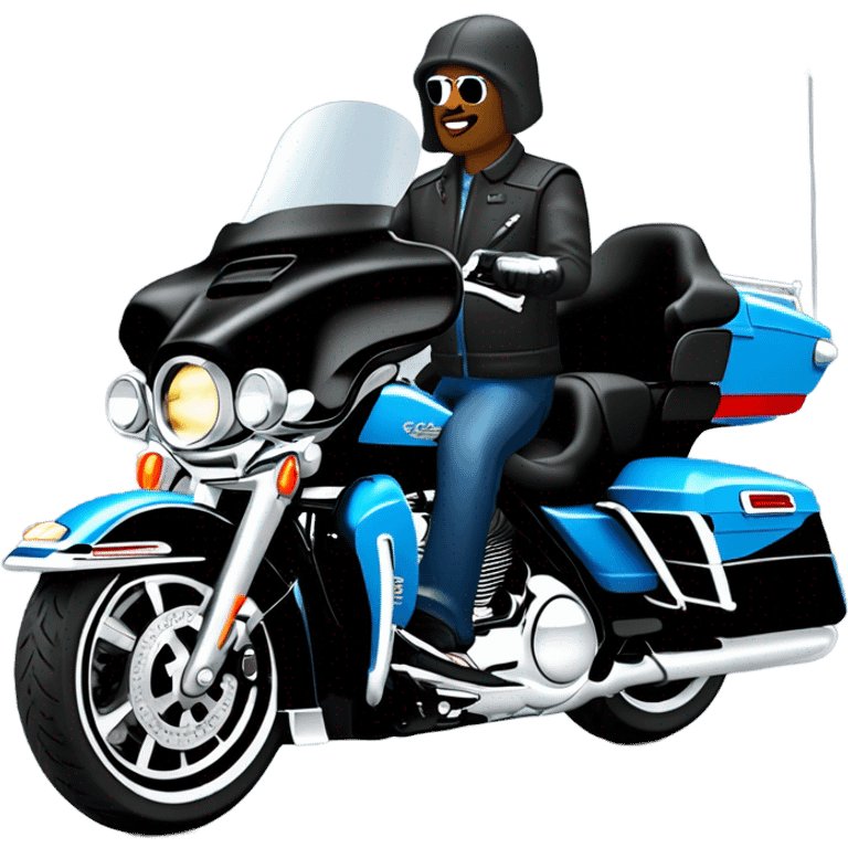 angled view of a harley davidson electra glide ultra classic with big blue pearl and vivid black two color paint scheme with recurve windshield and an older white man without a helmet sitting on the front seat. emoji