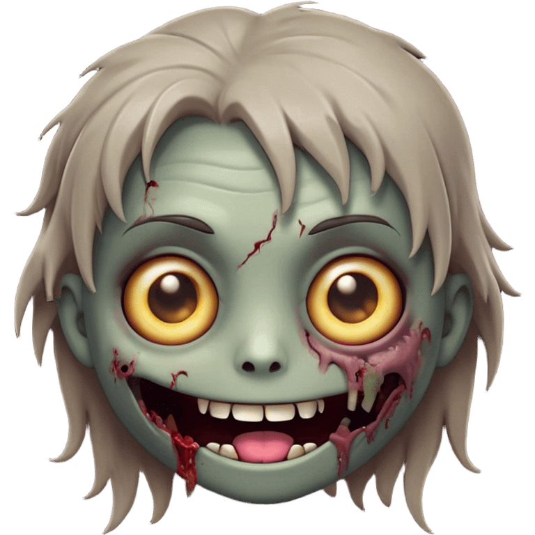 Cinematic Cute Zombie Portrait Emoji, with a delightfully quirky, slightly disheveled face in muted ashen hues, featuring quirky bright eyes and a playful, stitched-together smile, simplified yet irresistibly charming, highly detailed with a soft glowing outline that captures the adorable, offbeat spirit of a zombie who’s more cute than creepy! emoji