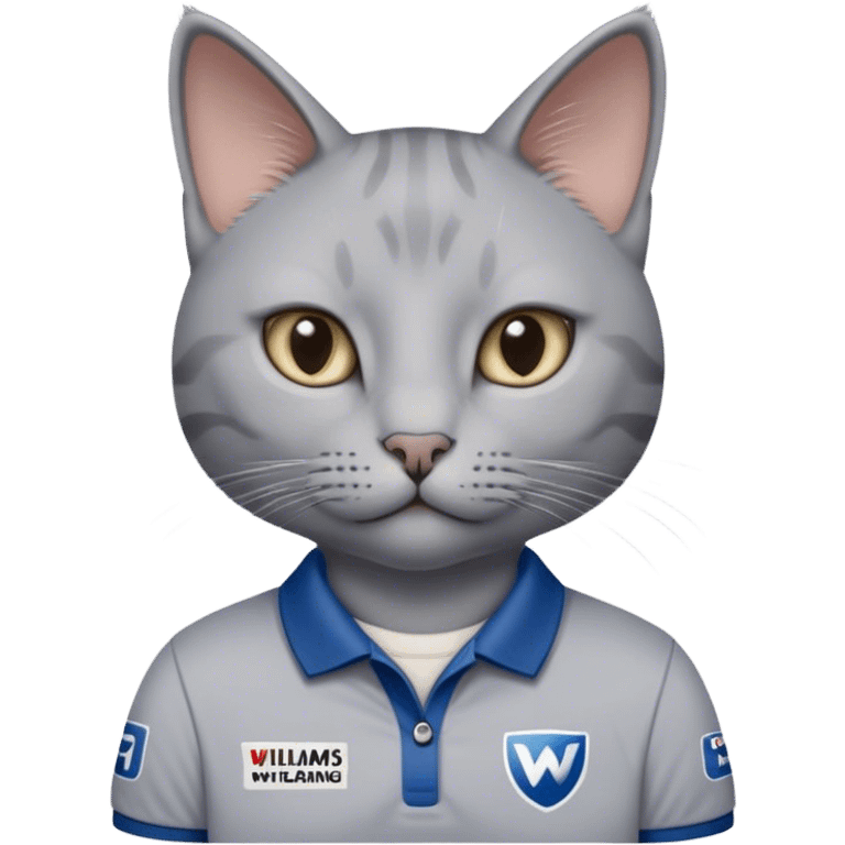 Grey cat with a williams racing f1 team polo emoji