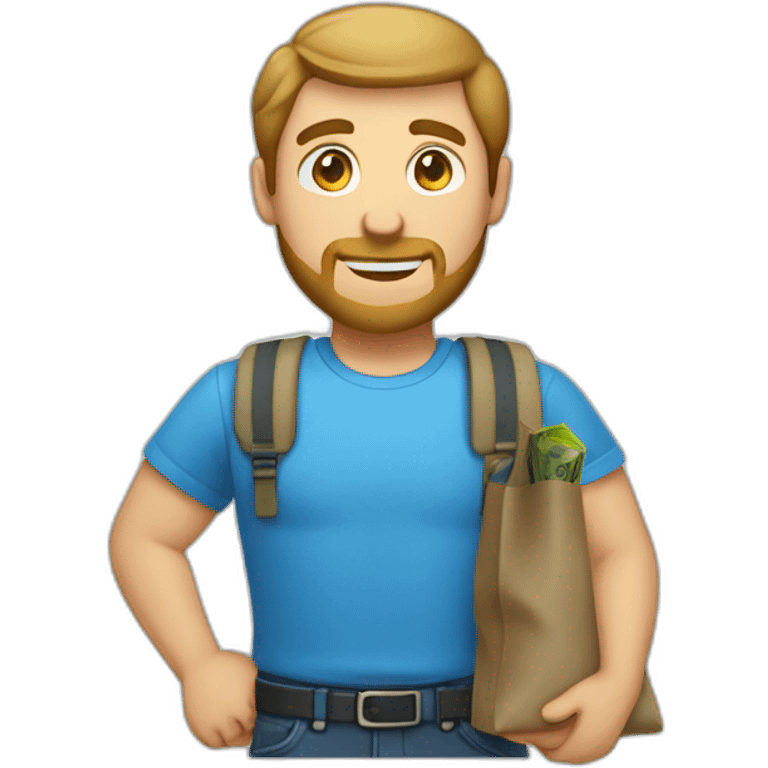 caucasian male with small beard blue shirt and with bag of money emoji