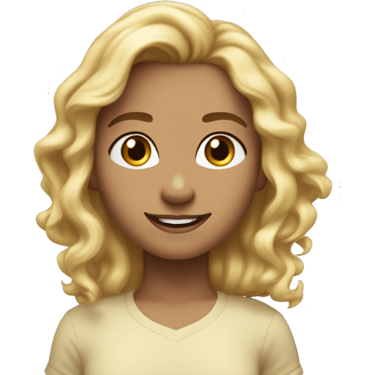 Hair: Blonde, wavy, voluminous.
Eyes: Dark brown, large, friendly.
Expression: Cheerful smile.
Face shape: Round with full cheeks.
Skin tone: Fair and glowing.
Clothing: Simple light-colored top. emoji