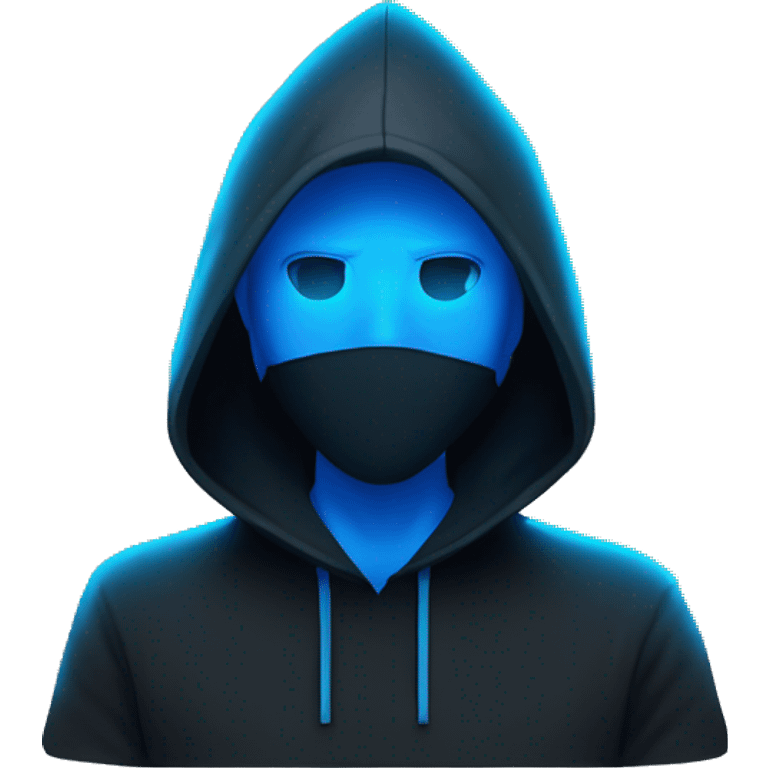 Man developer behind his laptop with this style : Alan Walker Singer neon glowing bright blue character blue black hooded hacker themed character emoji