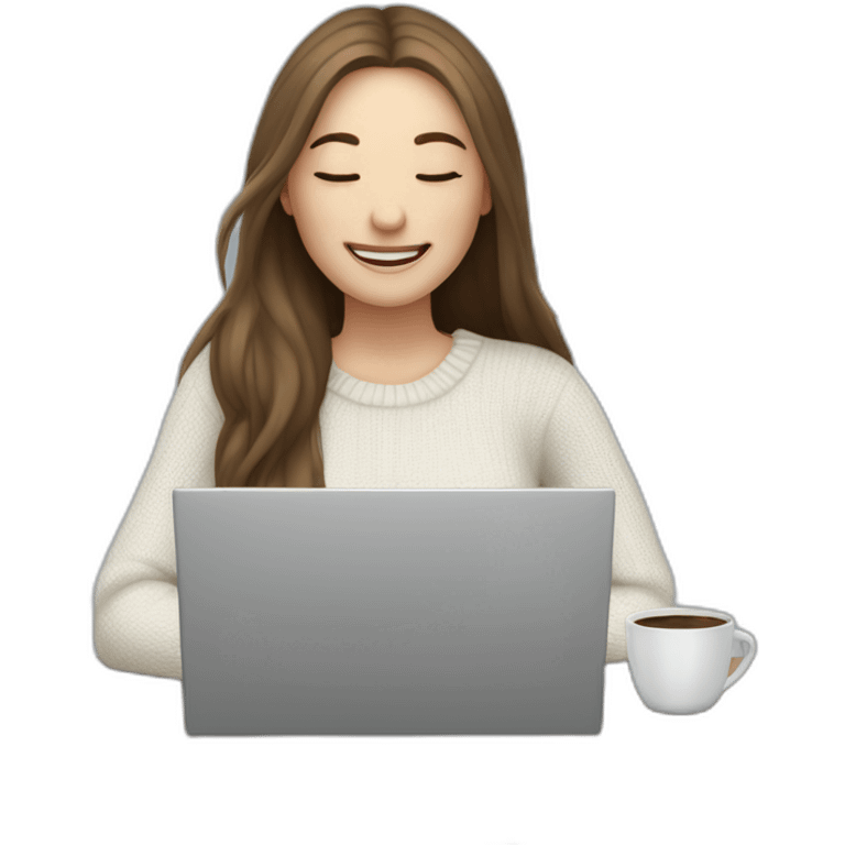 smiling woman pale skin middle brown long straight hair with a closed laptop and a coffee mug wearing a white woolly shirt having her eyes closed in a snowstorm emoji