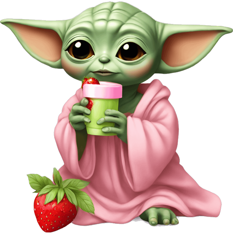 Baby yoda wearing a pink nightgown, applying skincare and drinking a strawberry matcha  emoji