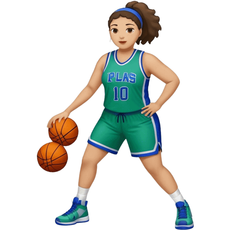 Full Body light skin Latino plus size women basketball player wearing blue and green uniform emoji